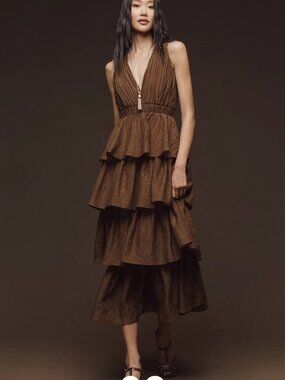 Anthropologie Endless Rose Chocolate Brown Tiered Maxi Dress Size Small